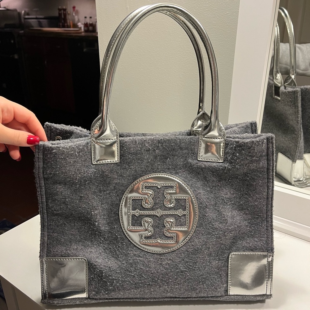 Tory Burch Ella Tote - Grey Wool with Silver Leather